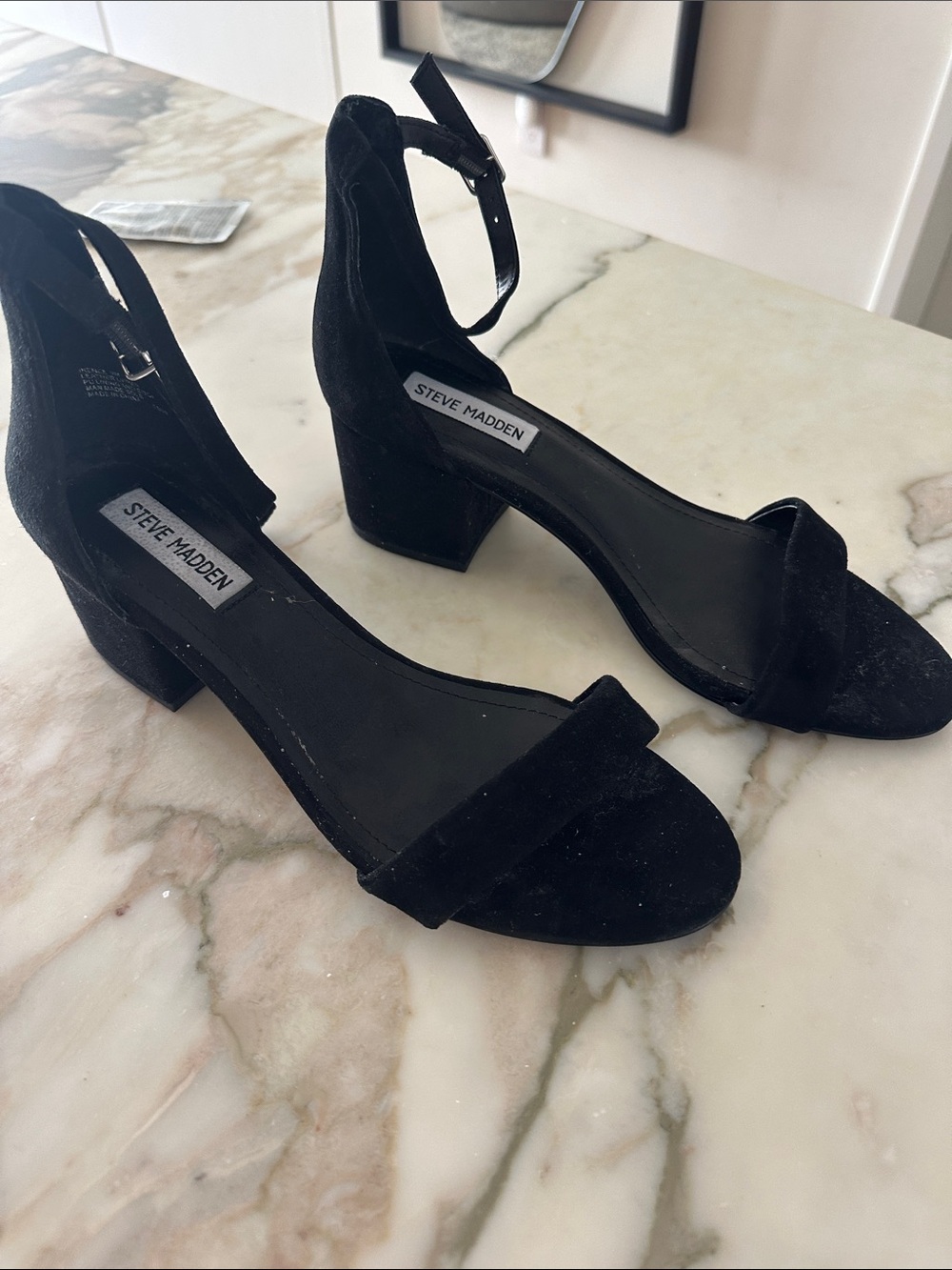 Steve Madden Black Suede Ankle Strap Low Block Heel Sandals